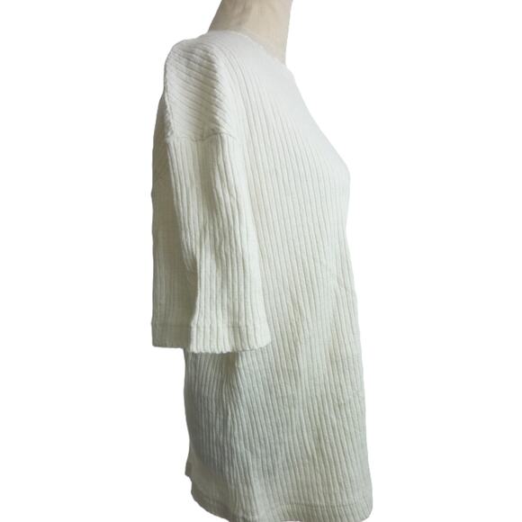 ZARA Ivory Cream Textured Ribbed Knit Short Sleeve Loose Fit Sweater M - Picture 2 of 5